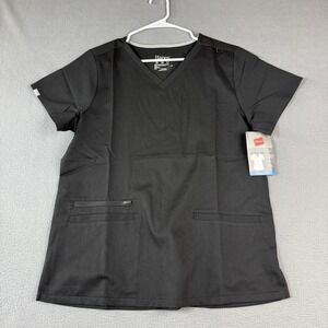 Hanes Womens Premium Scrubs Top Large Black 3 Pocket V-Neck Stretch